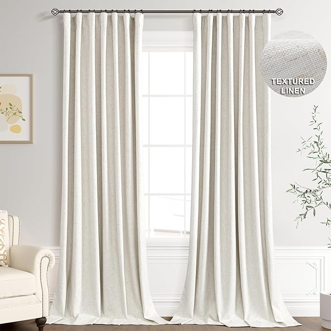 Joywell 100% Blackout Linen Curtains 108 Inches Long for Bedroom Large Window 9 FT Natural Black Out Curtain Back Tab Hook Belt Room Darkening Drapes Floor to Ceiling Cream Ivory 2 Panel,52 x 108