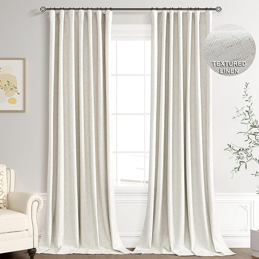 Joywell 100% Blackout Linen Curtains 108 Inches Long for Bedroom Large Window 9 FT Natural Black Out Curtain Back Tab Hook Belt Room Darkening Drapes Floor to Ceiling Cream Ivory 2 Panel,52 x 108