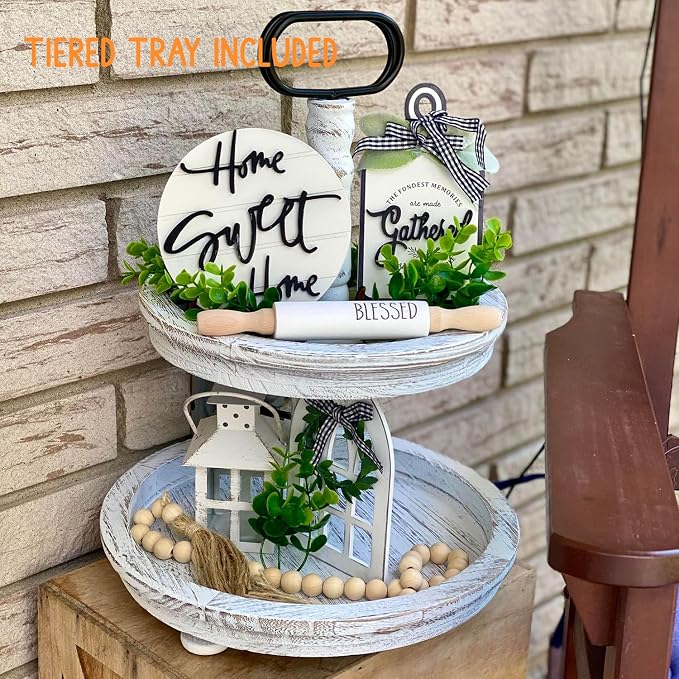 Houmury Set of 17 Farmhouse Tiered Tray with 1 Lantern Artificial Plant& Cutting Board Sign for Rustic Home Sweet Home Kitchen Decor Tier Tray Decor Set