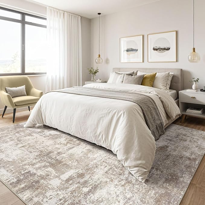 LOONGRUG 8x10 Area Rugs Living Room: Washable Large Abstract Soft Rug Stain Resistant Indoor Floor Non-Slip Accent Carpet for Women Modern Home Enthusiasts Aged- Bedroom Nursery Playroom- Beige Brown