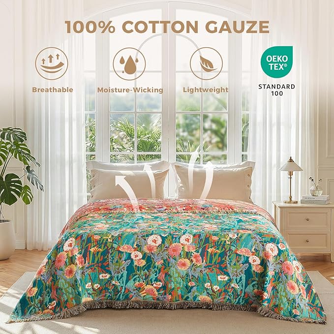 LUTBM Boho Throw Blanket for Couch Sofa Chair Cotton Spring Breathable Blankets for Bedroom Living Room All Season Soft Lightweight Reversible Floral Embroidery Throws 50"x60" Home Decor