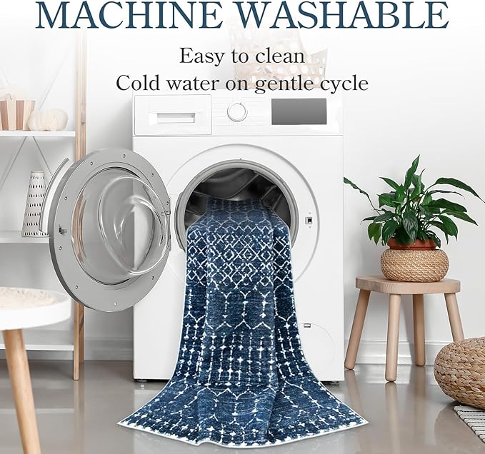 Lahome Moroccan Extra Long Runner Rugs for Hallways, 2.5x12 Rug Runner Washable Ultra-Thin Carpet Non Slip, Faux Wool Soft Modern Floor Print Mat for Entryway Stair (Blue, 2'5''x12') Hana