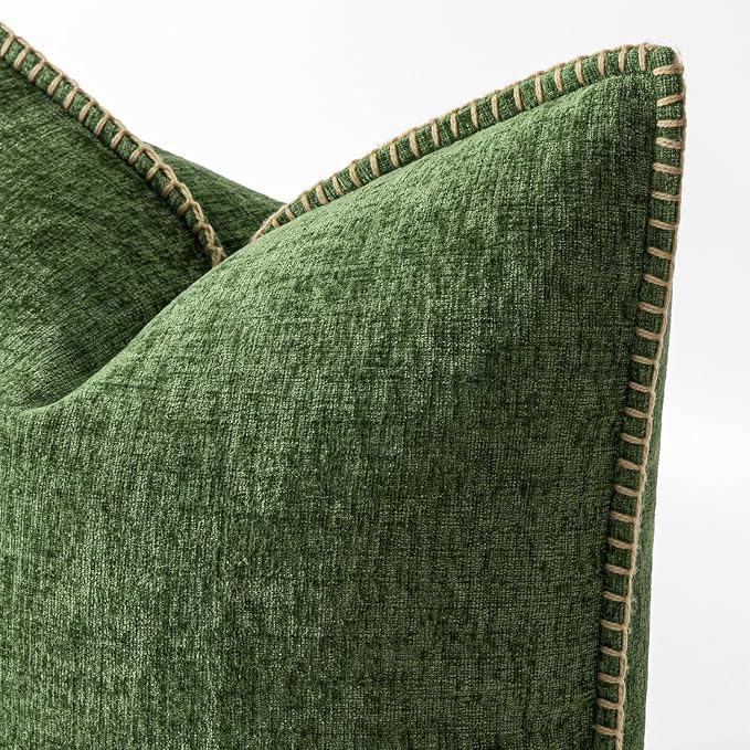 MIULEE Pack of 2 Euro Sham Pillow Covers 24x24 Inch Moss Green Farmhouse Decorative Throw Pillow Covers with Stitched Edge Soft Chenille Pillow Covers for Couch Sofa Bed Living Room, Forest Green