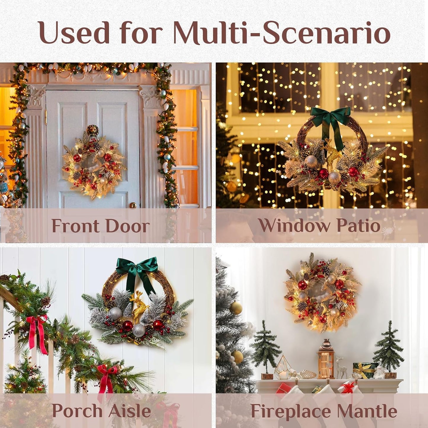 Christmas Door Wreath Lighted Xmas Wreaths - Walasis Winter Wreaths for Front Door Decor Outside Flocked Christmas Wreath Hanging with Lights for Wall