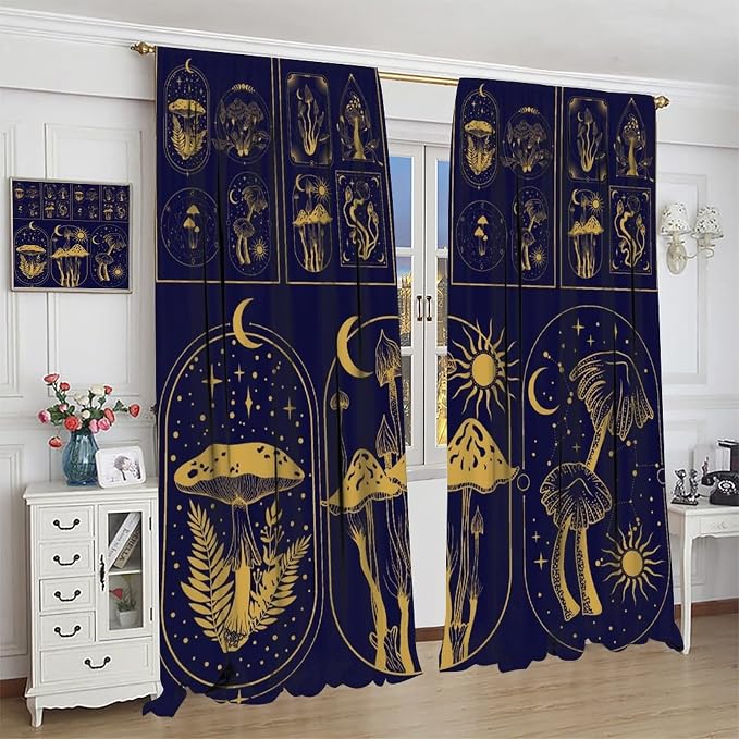 Mushroom Semi Sheer Curtains,Boho Style Mystical Plant Sun Moon Print Window Treatments for Bedroom Living Room Kitchen Purple Herbs Window Drapes 2 Panels Set,Total Size 42 x 45 Inch