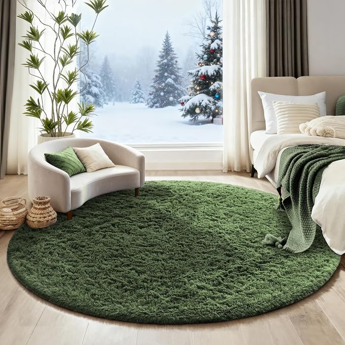 Ophanie Round Rug 6Ft Grey Green Circle Area Rug, Grayish Green Room Decor, Fluffy Fuzzy Bedroom Carpet, Plush Soft Shaggy Living Room Rugs for Decor Aesthetic, Nursery with Over 99 pcs Pile fibers