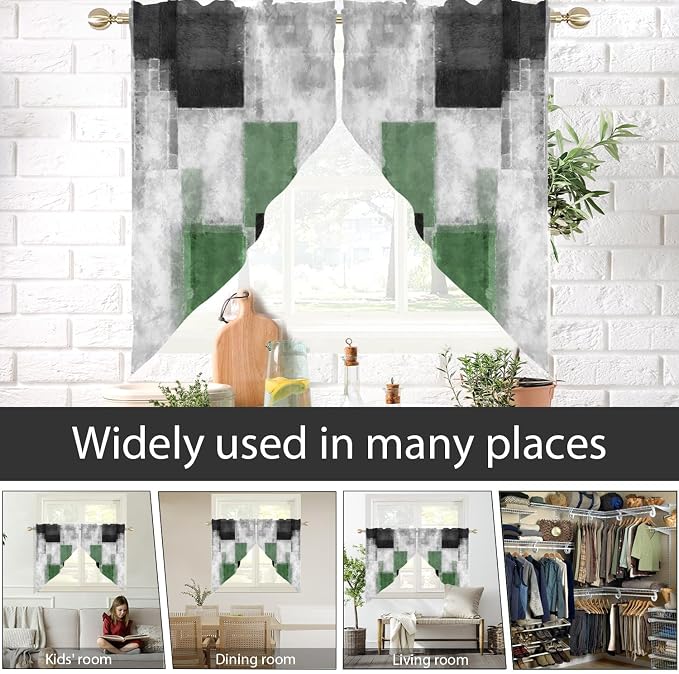 AAtter Green Kitchen Valance Curtain for Window Black Gray Grey Sage Olive Modern Funky Small Short Swag Topper Bathroom Living Room Bedroom Rod Pocket Drapes Fabric 1 Pair, 28" W x 36" L, Geometric