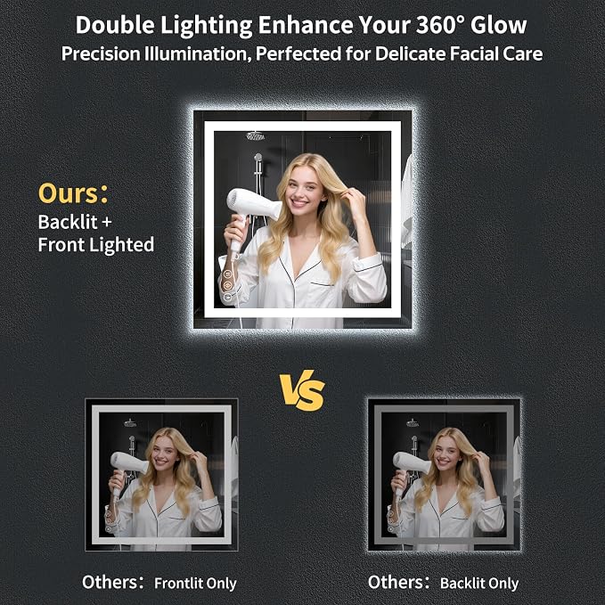 30"x32" LED Bathroom Mirror with Lights for Vanity, Anti-Fog & Dimmable 3-Color, Stepless Brightness Adjustable Wall Mounted Mirror for Bathroom Makeup Shaving