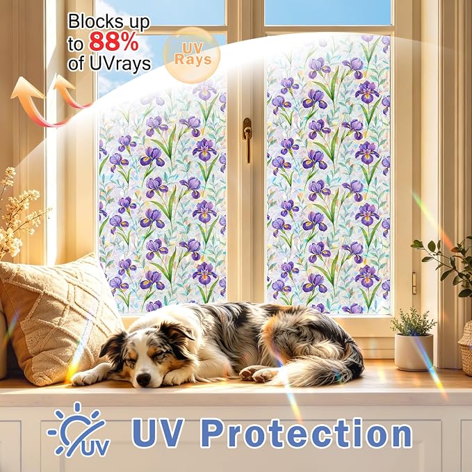 Stained Glass Window Film, Rainbow Privacy, One Way Decorative Tint, Static Cling, Renter Friendly for Home Bathroom Door