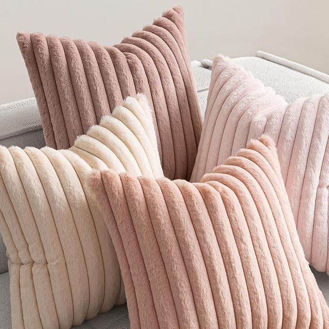 MIULEE Faux Fur Plush Decorative Throw Pillow Covers 16x16 Set of 4, Valentine's Day Cute Modern Soft Romantic Fuzzy Striped Cushion Covers for Sofa Couch Bed Living Room Cozy Home Decor,Pink