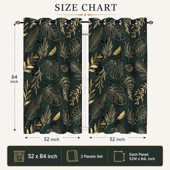 Tropical Leaves Blackout Curtains for Bedroom, Gold Leaf Dark Green Botanical Drapes Modern Window Curtains Darkening Thermal Insulated Grommet for Living Room Bedroom Decor 2 Panels 52x84 Inches