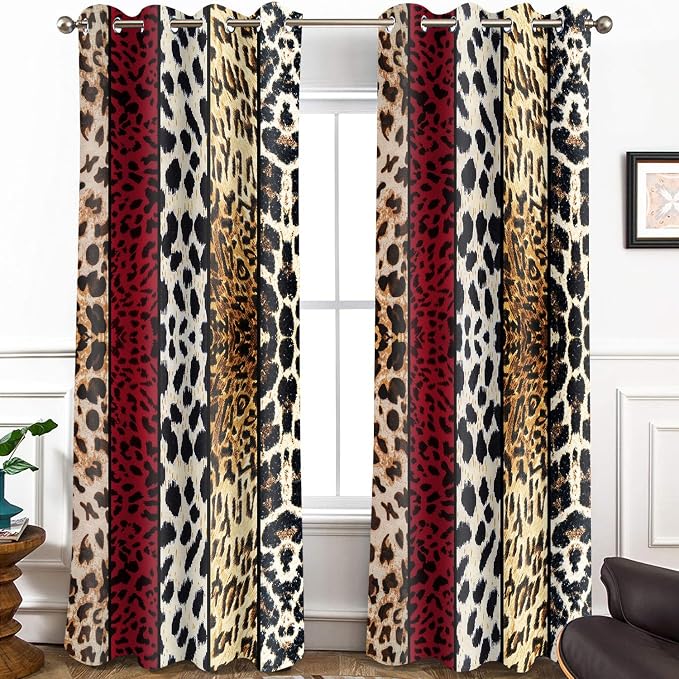 Wild Animal Print Curtain, Room Darkening Thermal Insulated Blackout Leopard Boa Window Drapes with Grommets for Living, Dining, Bedroom, Red Leopard Print, 52"x 96", 2 Panels