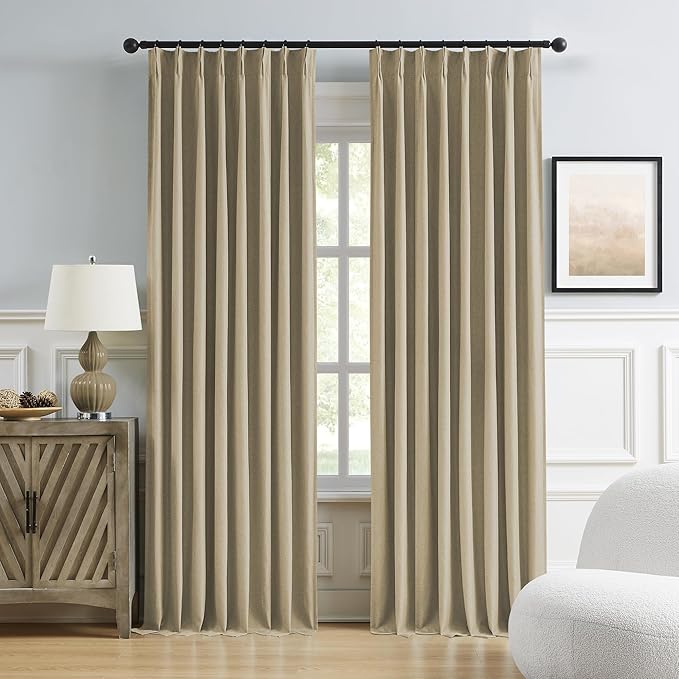 DUALIFE Blackout Pinch Pleated Curtains for Bedroom 95 Inch Length, Linen Blended Farmhouse 100% Blackout Thermal Insulated Back Tab Drapes with Hooks for Track System 2 Panels-Taupe, W50xL95