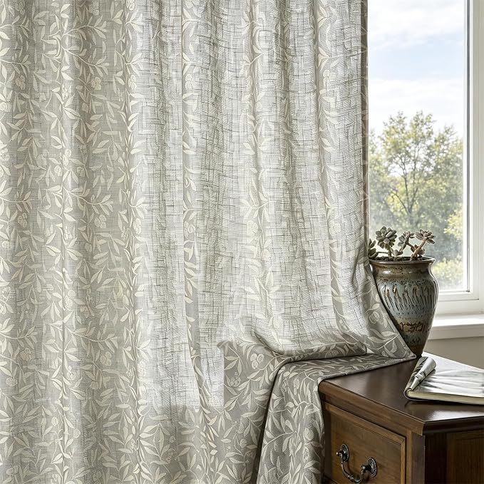 RoomTalks Boho Farmhouse Window Curtains 84 Inches Length 2 Panels Faux Linen Light Filtering, Cottagecore Rustic Country Vintage Cute Botanical Floral Curtain Panels for Bedroom Dining Living Room