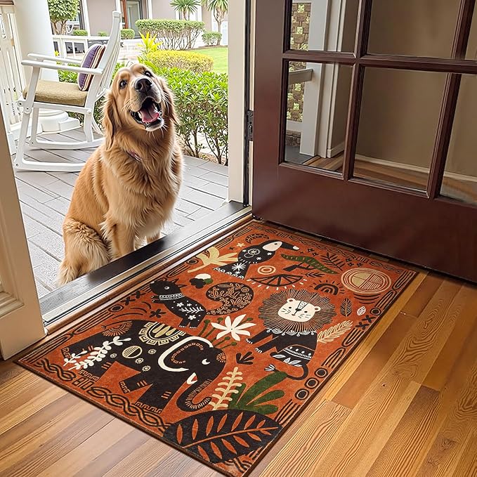 jinchan 2x3 Cute Area Rug Kids Washable Fun Rug Terracotta Boho Jungle Small Mat Non Slip Safari Doormat Lightweight Soft Cozy Throw Carpet for Entryway Nursery Playroom Bedside Bathroom