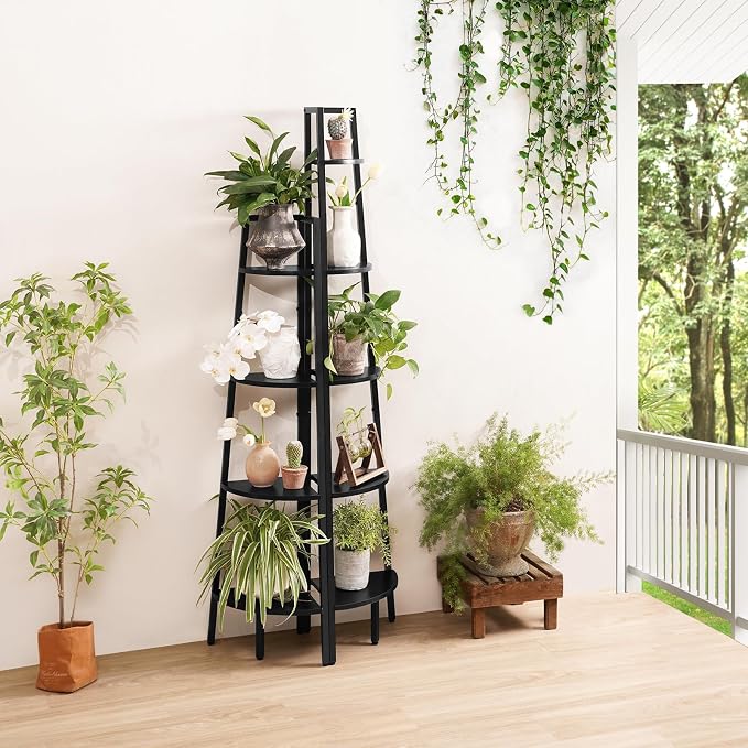 Yoobure 5‑Tier Corner Shelf – Sturdy Metal Frame & Wood Ladder Bookshelf, Space‑Saving Display Shelves for Plants & Books, Easy Assembly, for Bedroom, Living Room, Office, Balcony