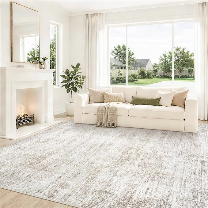 9x12 Area Rugs for Living Room Washable Rugs Neutral Abstract Large Rug Soft Modern Carpet Non-Slip Stain Resistant Low Pile Rug for Bedroom Dining Room Nursery Home Office Under Table Area Rug Brown