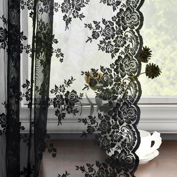 Kotile Black Lace Curtains 84 Inches Long 2 Panels, Country Rustic Floral Gothic Sheer Lace Curtains for Living Room, Rod Pocket Vintage Privacy Black Sheer Curtains, 42 x 84 Inch, 1 Pair