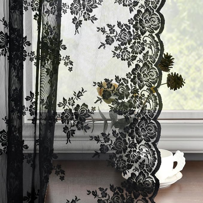 Kotile Short Black Lace Curtains 36 Inch Length 2 Panels, Country Rustic Floral Goth Floral Sheer Curtains for Small Window, Rod Pocket Privacy Lace Cafe Curtains, 42 x 36 Inch Each, 1 Pair, Black