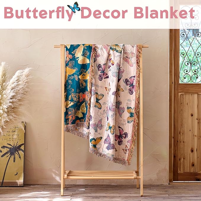 Boho Butterfly Throw Blanket 50"x60" Couch Blanket,100% Cotton Reversible Soft Breathable Lightweight Spring Decorative Blankets with Tassels for Sofa Bed Decor All Season