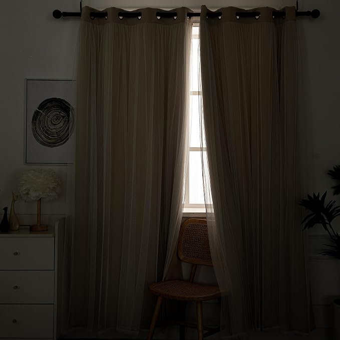 INLINAS Beige Blackout Curtains with Sheer Overlay - Grommet Top Thermal and Noise Reduction Panels for Bedroom and Living Room Light Blocking and Energy Saving, 52 x 72 Inches, Set of 2