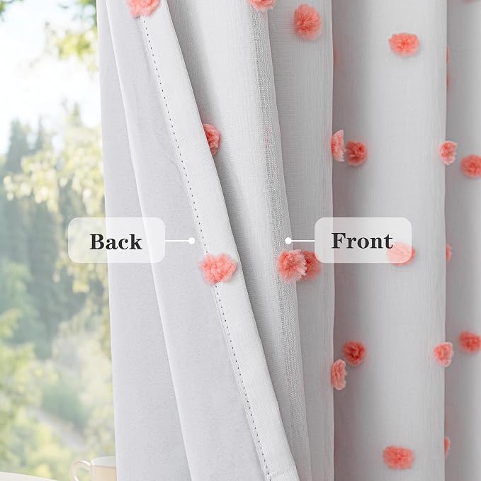 MEETSKY Pink Pom Pom Total Blackout Curtains for Girls Bedroom 90 Inch Long 100% Light Blocking Nursery Curtains for Living Room 2 Panels Room Darkening Grommet Double Layer Window Drapes 52W x 90L