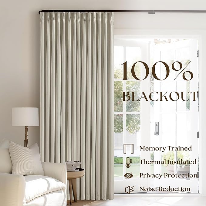 Beige Pleated Linen Blackout Curtains 102 Inches Long for Bedroom Living Room Pinch Pleat Black Out Thermal Insulated Ring Hooks Room Darkening Drapes Oatmeal Light Tan Curtains with Liner 40x102