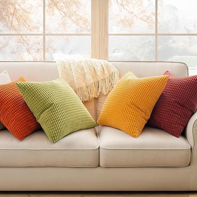 MIULEE Fall Decorative Pillow Covers 20x20 Inch Set of 4 Yellow Orange | Burnt Orange Green Gradient Boho Farmhouse Home Decor Couch Pillows Modern Corduroy Pillowcases for Sofa Living Room Bed