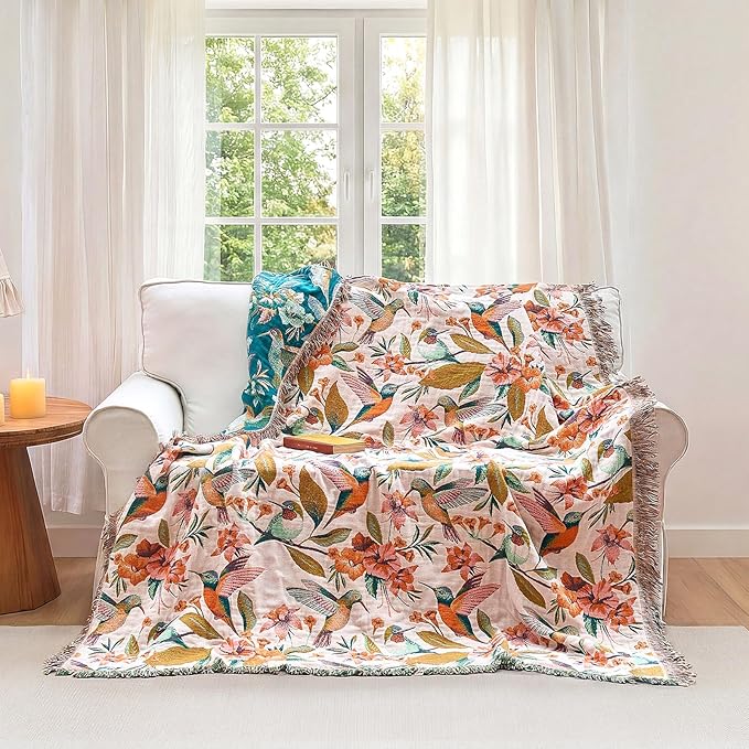 Boho Throw Blanket - 90"x108" 100% Cotton Ultra Soft Lightweight Spring Blanket, 4-Layer Breathable Muslin Blankets for Bed Couch, Reversible Blue Floral Bird Printed Bohemian Cotton Quilt
