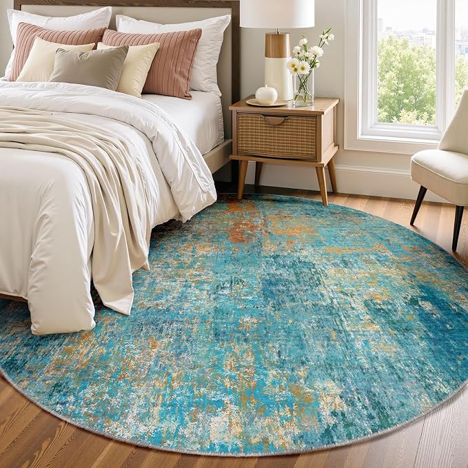 RELEANY Washable Area Rugs 8ft Non-Slip Modern Abstract Soft for Living Room Entryway Bedroom Kitchen, Print Pattern, Teal Blue Green Orange Rust Red Coloreful