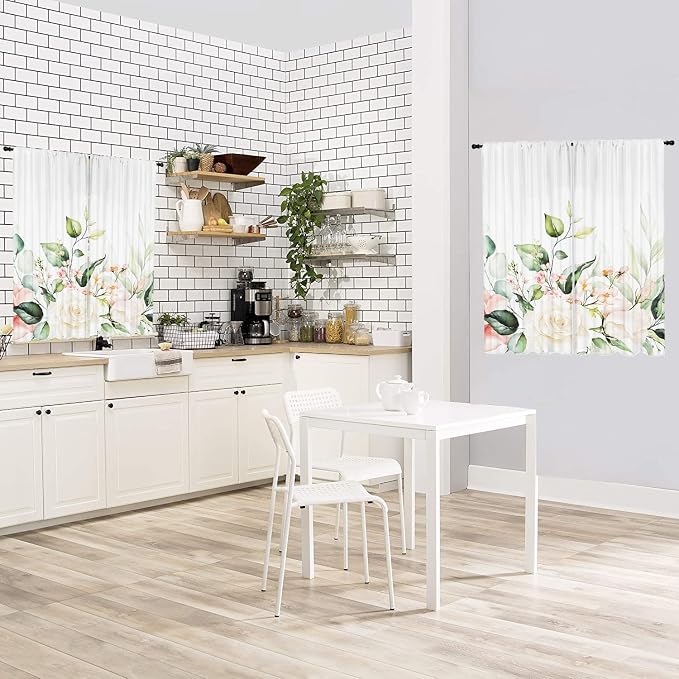 Colorful Floral Plants Kitchen Curtains 27.5Wx39H Inch Rod Pocket Small Curtains for Bedroom Room Colorful Watercolor Leaf Plants Floral Window Treatments Decorative for Living Room 2 Panels