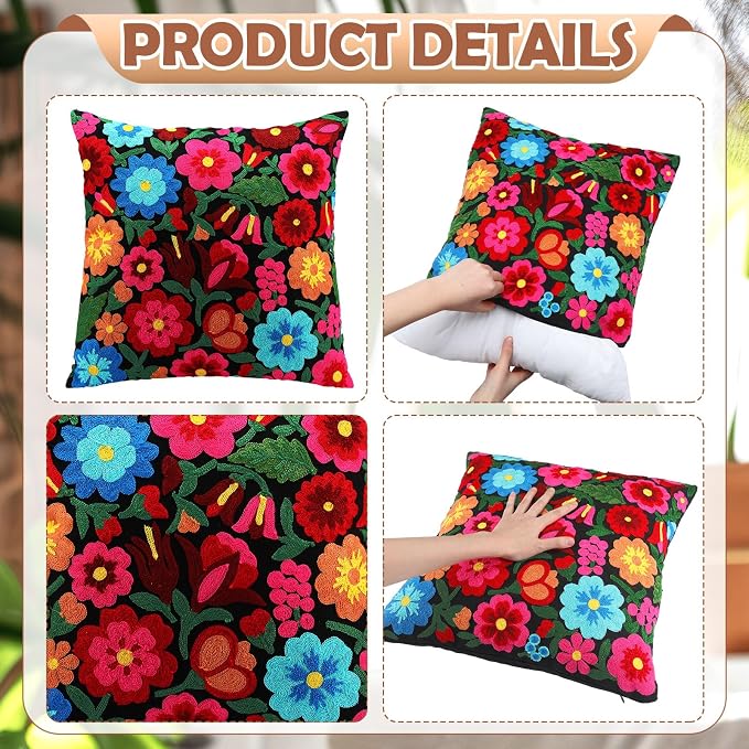 HunnmingRe Mexican Embroidered Throw Pillow with Insert 18 x 18 Inch Mexican Boho Embroidered Pillow Cover Decorative Fiesta Colorful Floral Cushion Decor for Sofa Living Room Couch Bedroom(Black)
