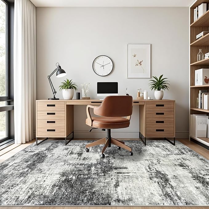 Washable Rug 6x9 Area Rugs: Soft Large Living Room Rug with Anti-Slip Backing Non-Shedding Stain-Resistant Modern Abstract Carpet for Bedroom Dining Room Nursery Home Office-Black