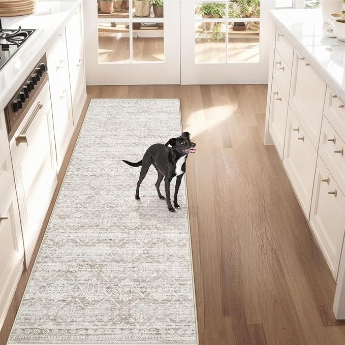 Runner Rug 2x8 Boho Geometric Area Rugs: Washable Kitchen Rug, Soft Non Slip Moroccan Long Hallway Rugs for Bedroom Bathroom Laundry Entryway Staircase Foyer(Ivory Mocha,2'x8')
