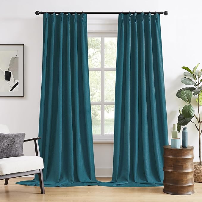 DUALIFE Dark Teal Blue Pinch Pleated Blackout Curtains 102 Inches Long, Back Tab with Hooks, Linen Full Black Out Thermal Insulated Track Curtain for Bedroom Living Room,40 Wx102 L, 2 Panels