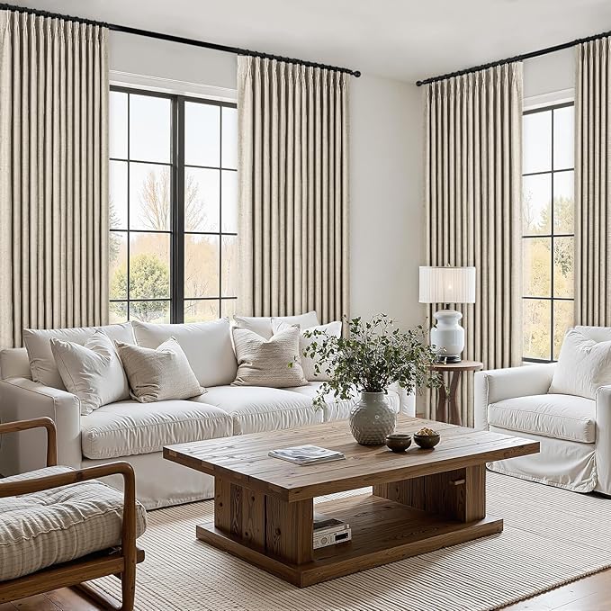 Topfinel 96 Inches Long Pinch Pleated 100% Blackout Curtains,Thermal Insulated Burlywood Linen Pinch Pleat Viral Drapes with Hooks Rings 2 Panel Sets,Neutral Beige Ivory 8FT Back Tab Window Curtains