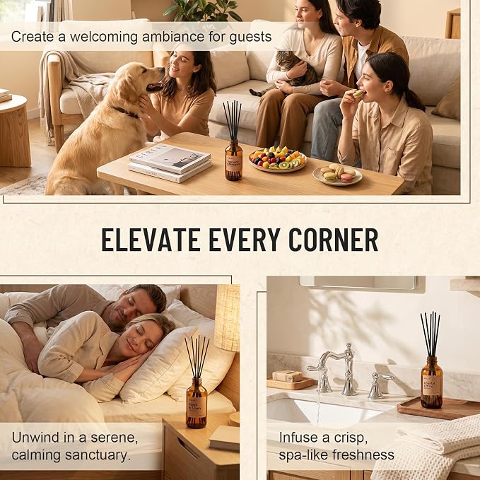 Auelife Reed Diffuser Set, Fresh & Linen 2 Pack 8 Fl Oz Scented Diffuser with Fiber Sticks, Home Fragrance Reed Diffuser for Bathroom Decor, Bedroom, Office & Housewarming Gift