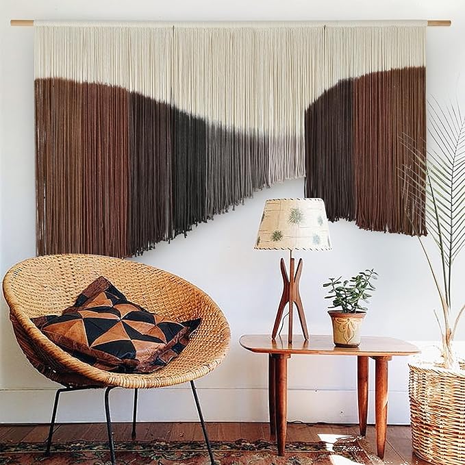Jakalin Macrame Wall Hanging Geometric Dip Dyed Brown Red Dark Brown Boho Fiber Wall Decor for Living Room Art