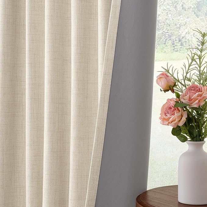 INOVADAY 100% Blackout Curtains for Bedroom, Cream Black Out Curtains 120 Inch Long, Clip Rings Linen Blackout Drapes, Thermal Insulated Room Darkening for Living Room, 2 Panels - W50xL120