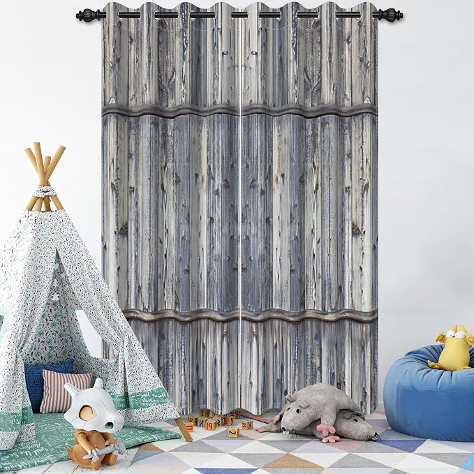 Wooden Barn Doors Kitchen Curtains,Wood Planks Rustic Farm Farmhouse Window Curtains Country Retro Western Vintage Grey Window Curtain Treatments Bedroom Living Room Decor,26x84 inch,2 Panels