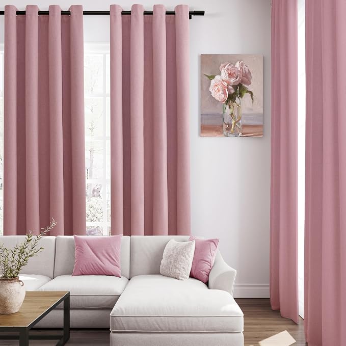Jowels Blush Pink Linen Blackout Curtains 102 Length 2 Panels Set for Living Room Bedroom, 100% Black Out Thermal Insulated Linen Drapes, Room Darkening Grommet Curtains 102 Inches Long