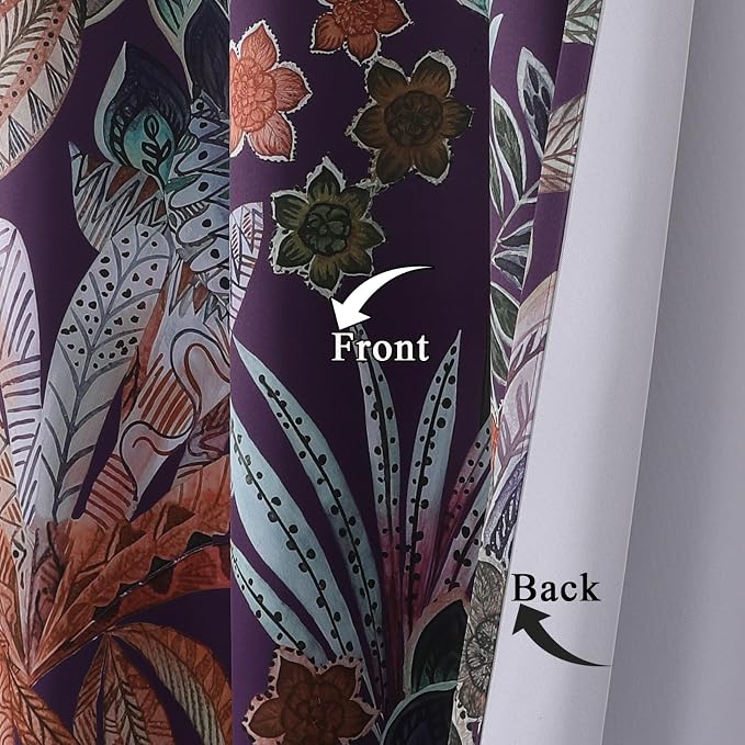 Estelar Textiler Purple Boho Blackout Curtains Thermal Insulated Leaves Pattern Curtains & Drapes for Bedroom,Boho Curtains Energy Saving Drapes Decoration for Living Room,52x72 Inch,2 Panel