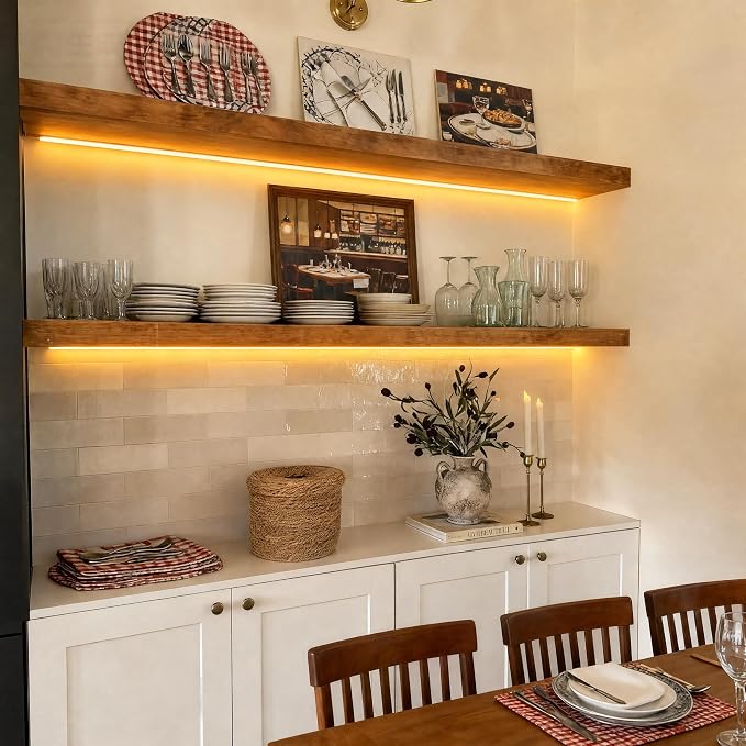 ROGMARS 60 Inches Long Walnut Floating Shelves with Led Light | Rustic Solid Wood Farmhouse Wall Shelves with Invisible Brackets for Bedroom, Living Room, Kitchen, Bathroom Set of 2