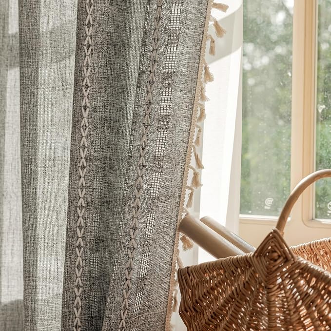 Deeprove Dark Grey Boho Tassel Curtain 96 inches Length for Home Hallway Bedroom Nursery, Bohemian 96 inches Long, Gray Hollow Shabby Chic Stripe Embroidery Privacy Window, W52 x L96, 1 Panel