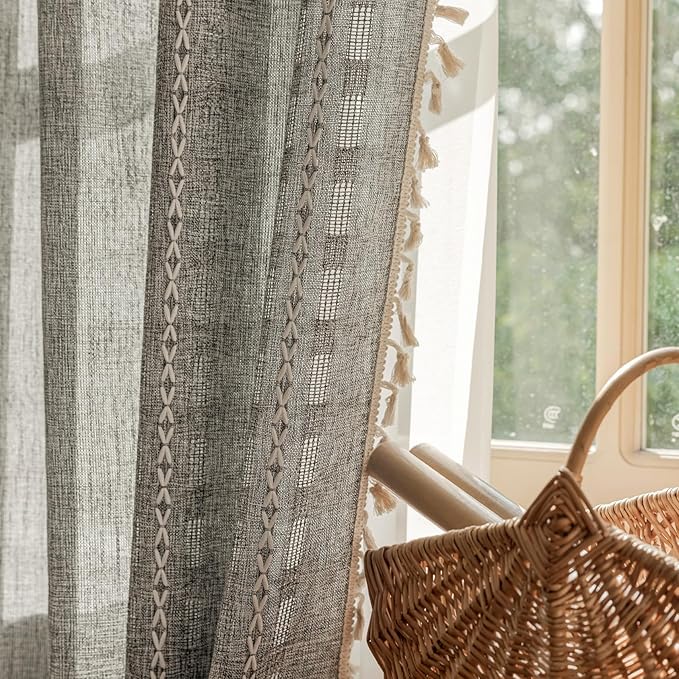 Deeprove Dark Gray Boho Curtain 84 inches Length for Living Room Bedroom Nursery, Bohemian 84 inches Long Art Deco Stripe Sheer Cotton Linen Charocoal Grey Emroidery with Tassel, W52xL84, 1 Panel