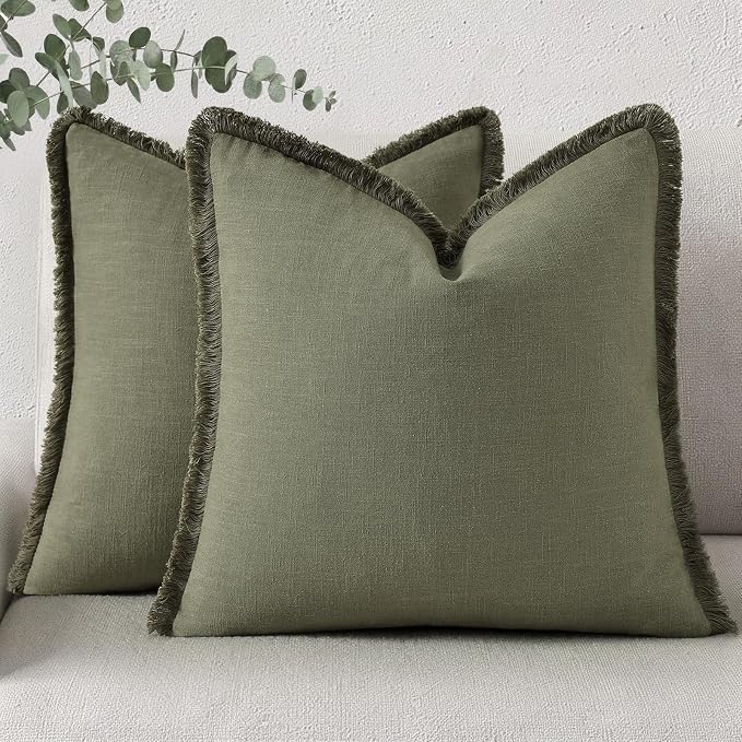 decorUhome Linen Fringe Euro Sham Throw Pillow Covers Set of 2 Decorative Olive Green Pillow Covers with Tassels Soft Accent Boho Farmhouse Pillow Cases for Couch Bed Sofa 22x22 Inch