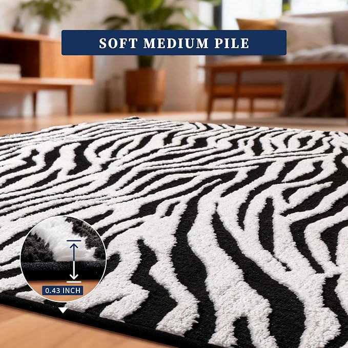 YIHOUSE 8x10 Ft Zebra Area Rugs, Abstract Modern Washable Black and White Striped Rug, Nonslip Non-Shedding Soft Carpet for Living Room Dining Room Office Playroom Home Decor