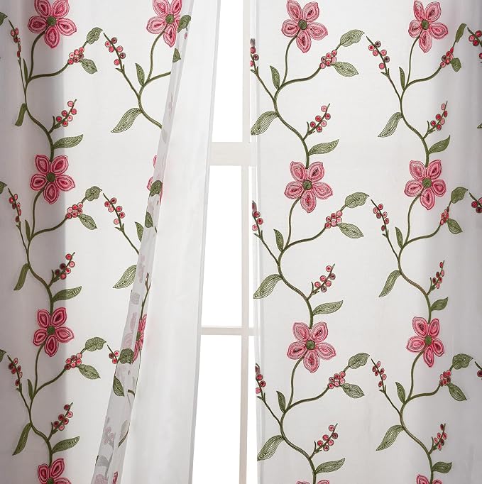 Petrichor Embroidered Sheer Curtain 2 Panels Set - Luxury Window Curtain Attached Valance with Satin Backing and 2 Tie Backs for Living Room,Dining Room, 54x63 inches, Burgundy