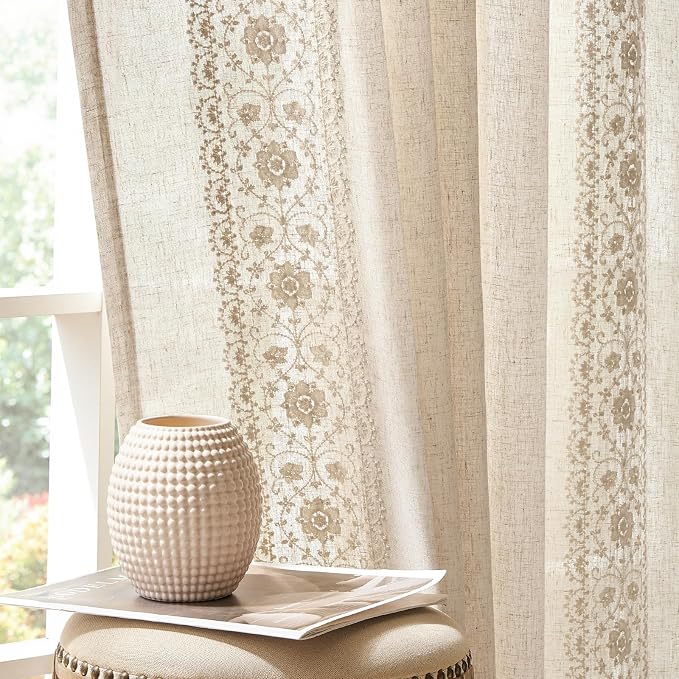 jinchan Weslie Boho Curtains for Bedroom Ivory Vintage Floral Farmhouse Curtains 63 Inch Length Linen Drapes for Living Room Embroidered Light Filtering Drapes Rod Pocket Ivory on Beige 2 Panels