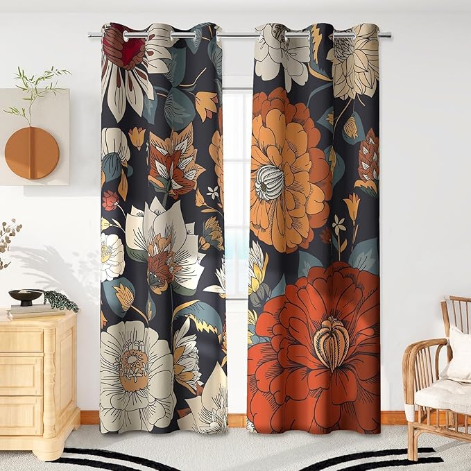Tyrot Black Boho Floral 100% Blackout Curtains for Bedroom 63 inch Long 2 Panels Mid Century Botanical Black Out Curtains for Living Room Grommet Thermal Insulated Room Darkening Window Drapes,42Wx63L